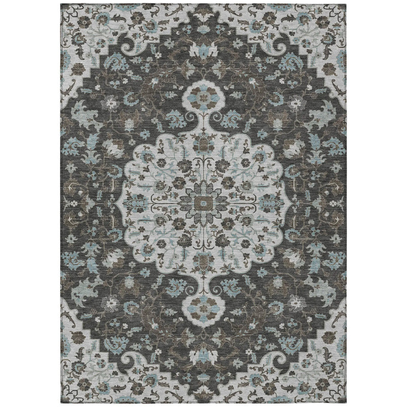 8' X 10' Silver And Charcoal Floral Medallion Washable Indoor Outdoor Area Rug Homeroots Outdoor