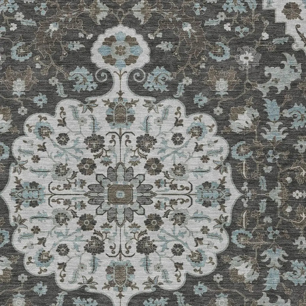 8' X 10' Silver And Charcoal Floral Medallion Washable Indoor Outdoor Area Rug Homeroots Outdoor