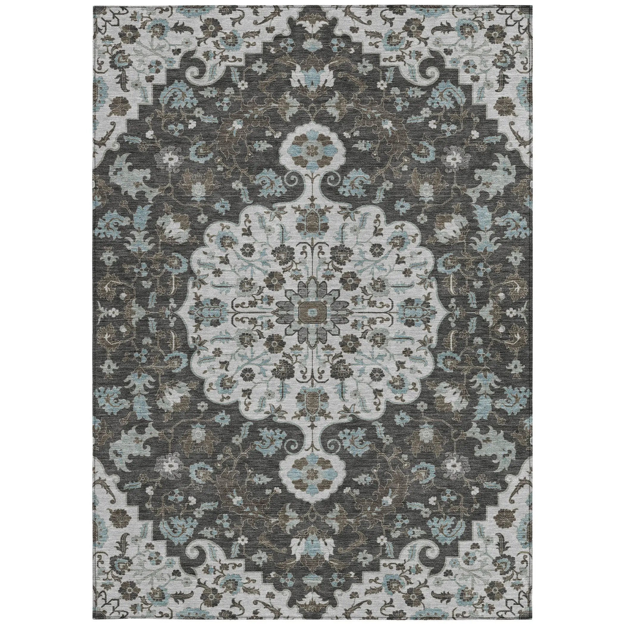 8' X 10' Silver And Charcoal Floral Medallion Washable Indoor Outdoor Area Rug Homeroots Outdoor
