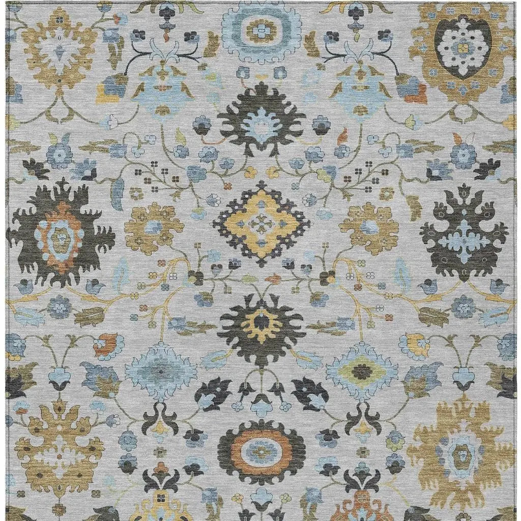 8' X 10' Silver And Charcoal Floral Medallion Washable Indoor Outdoor Area Rug Homeroots Outdoor