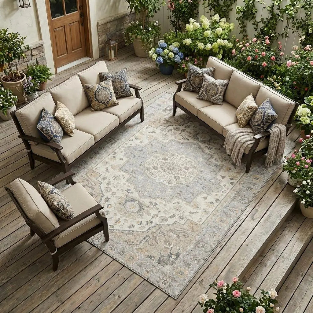 8' X 10' Silver And Fern Green Oriental Washable Indoor Outdoor Area Rug Homeroots Outdoor