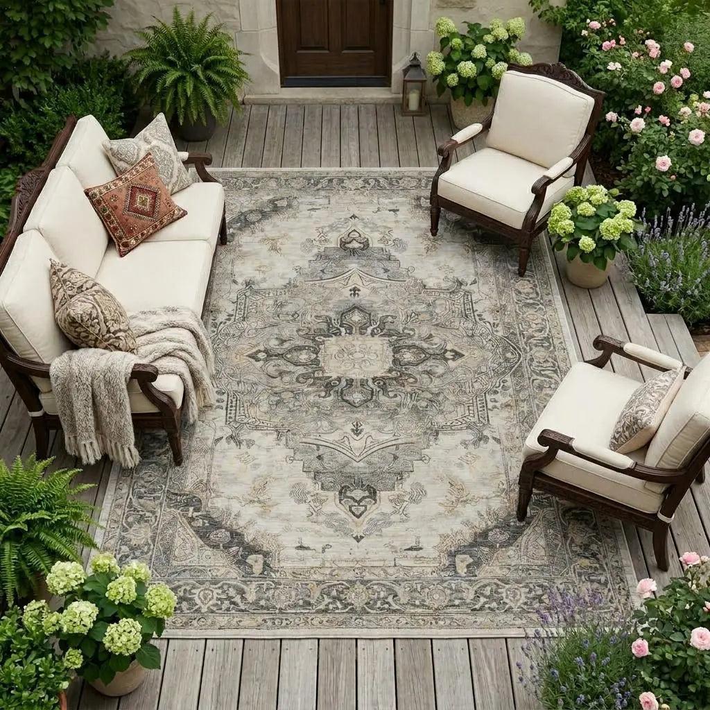 8' X 10' Silver And Gray Floral Medallion Washable Indoor Outdoor Area Rug Homeroots Outdoor