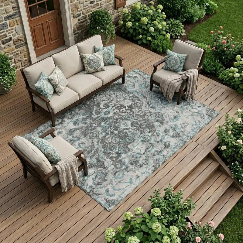 8' X 10' Silver And Gray Floral Washable Indoor Outdoor Area Rug Homeroots Outdoor