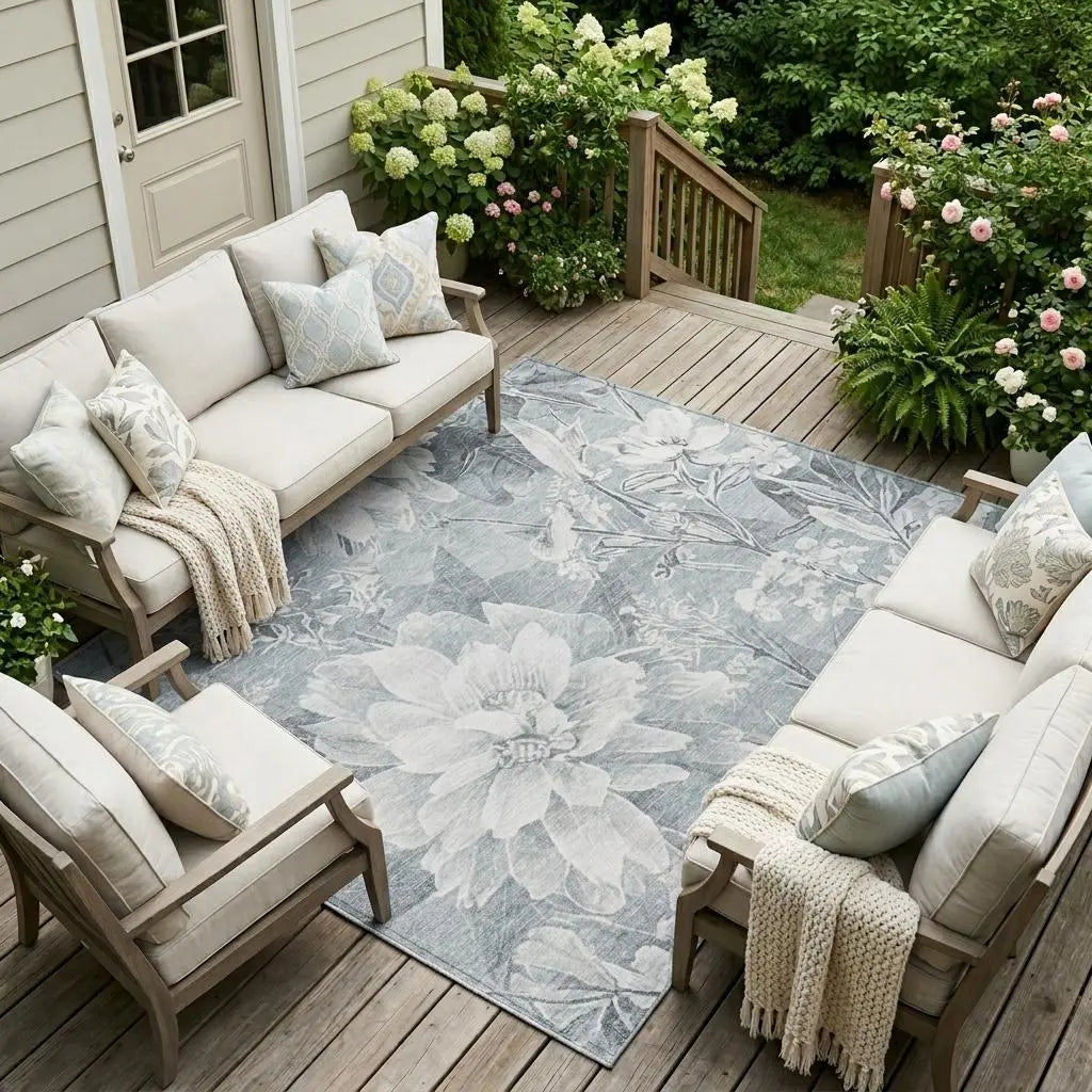 8' X 10' Silver And Gray Floral Washable Indoor Outdoor Area Rug Homeroots Outdoor