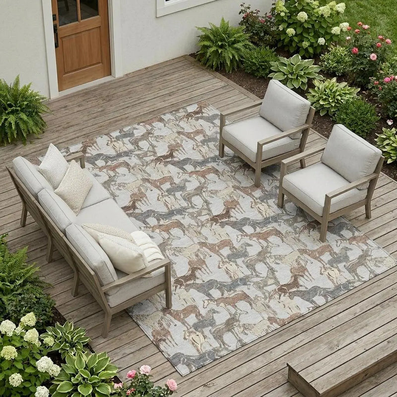 8' X 10' Silver And Gray Horse Washable Indoor Outdoor Area Rug Homeroots Outdoor