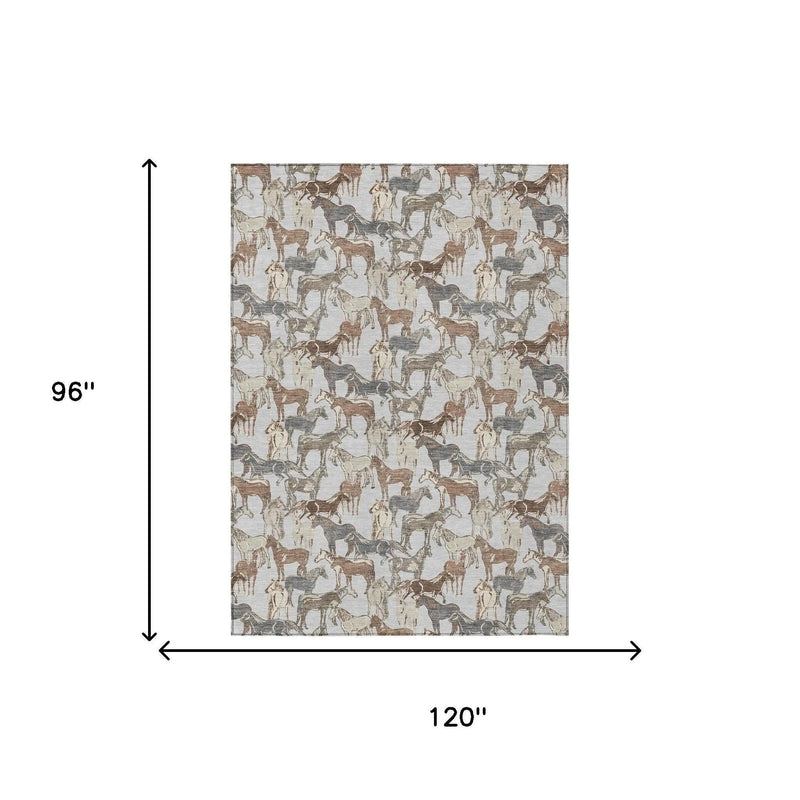 8' X 10' Silver And Gray Horse Washable Indoor Outdoor Area Rug Homeroots Outdoor