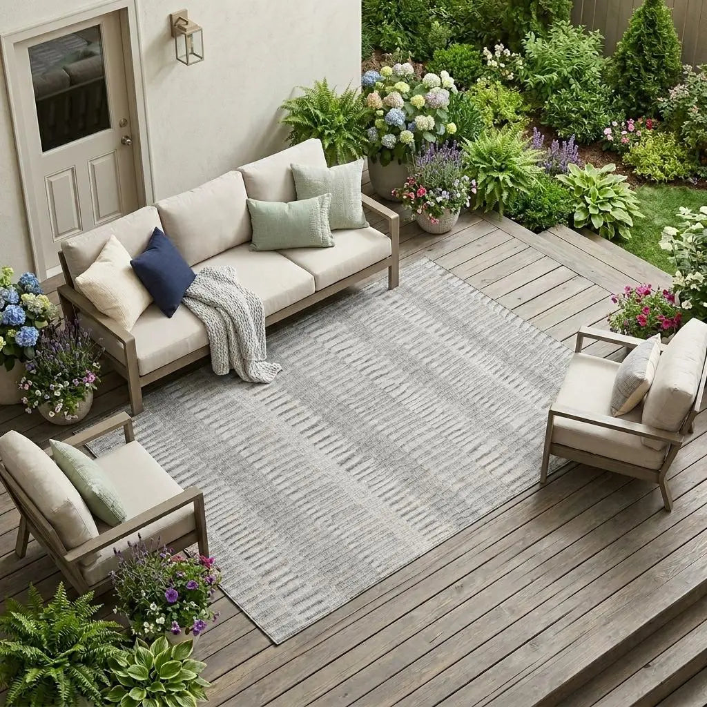 8' X 10' Silver And Gray Striped Washable Indoor Outdoor Area Rug Homeroots Outdoor