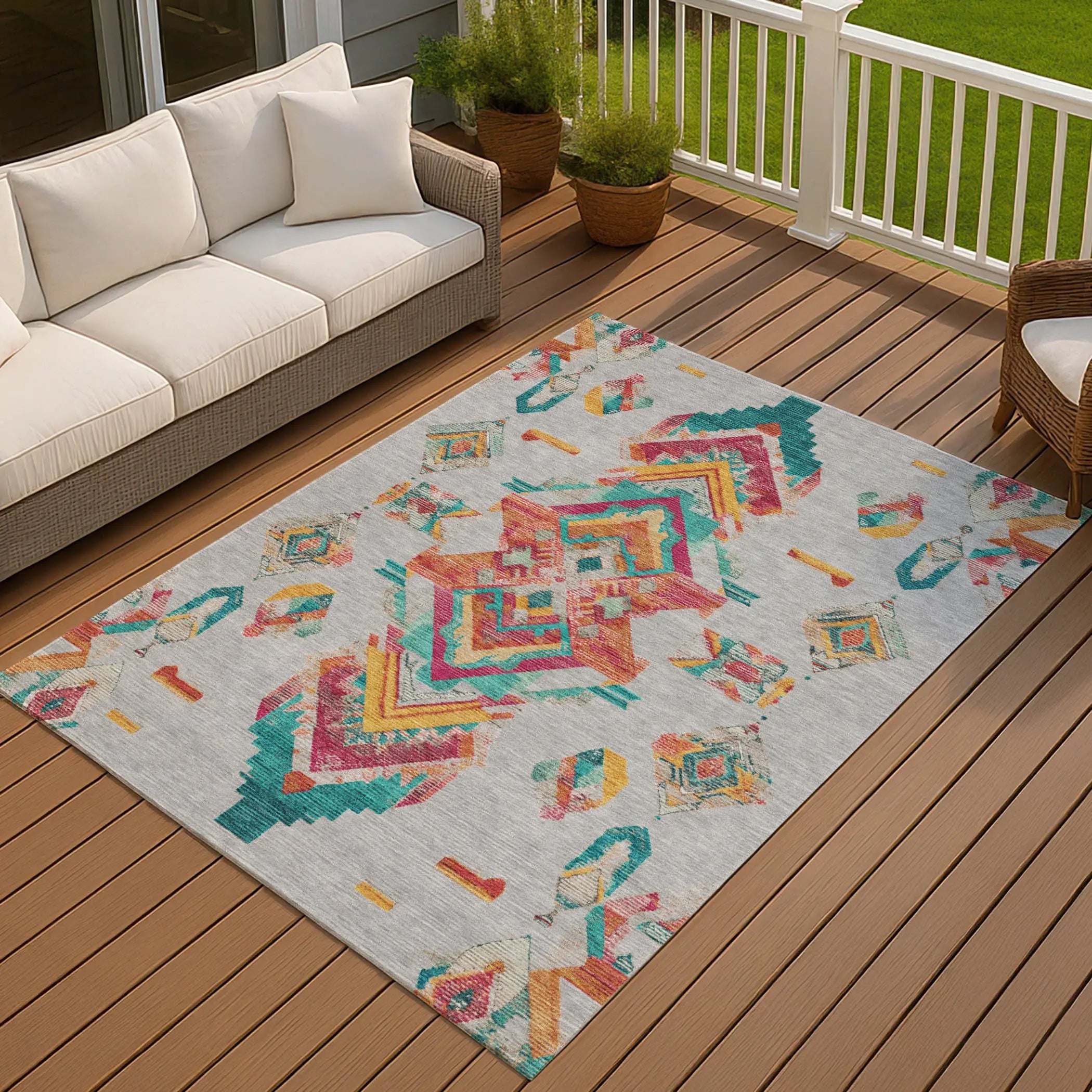 8' X 10' Silver And Ivory Tribal Washable Indoor Outdoor Area Rug Homeroots Outdoor