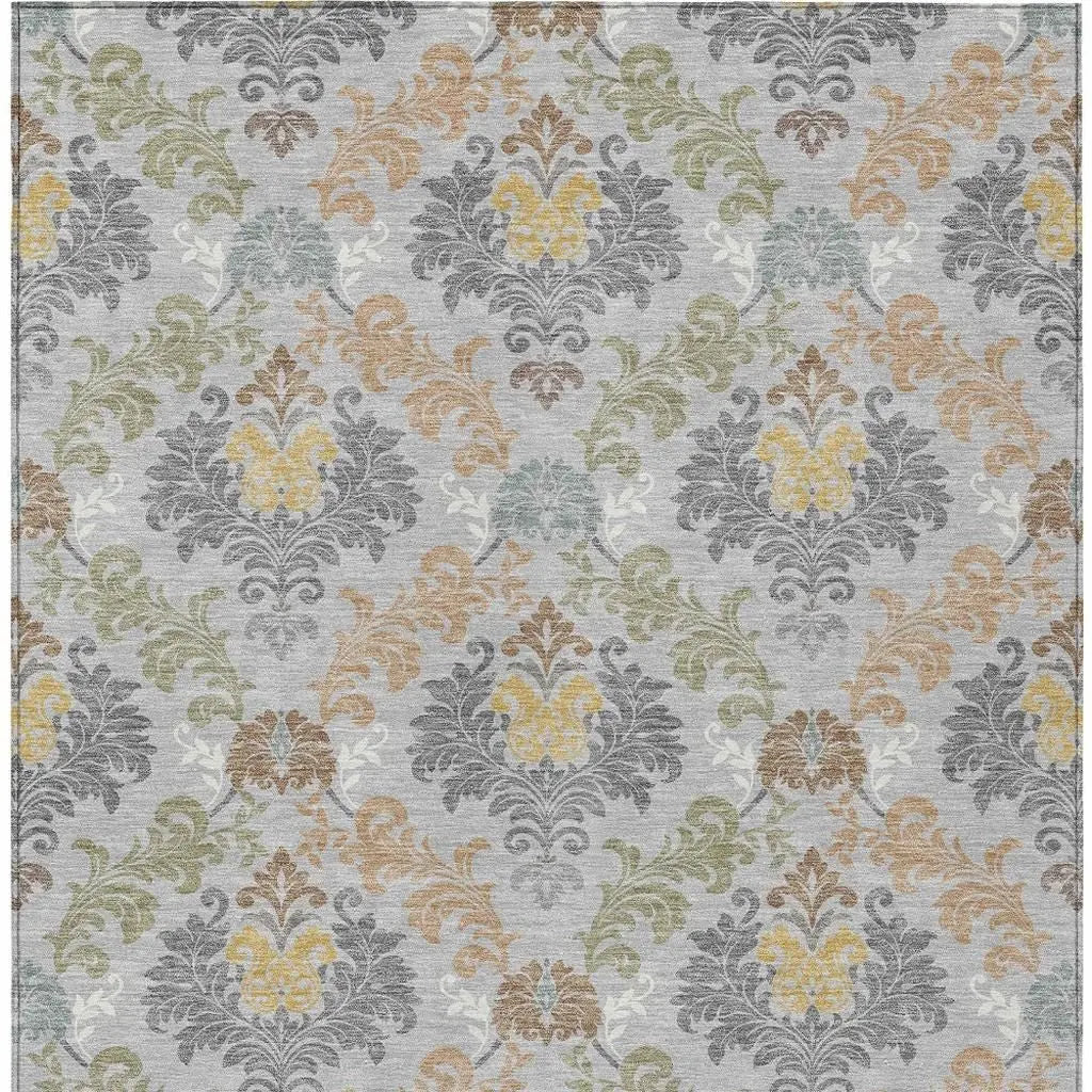 8' X 10' Silver And Sage Damask Washable Indoor Outdoor Area Rug Homeroots Outdoor