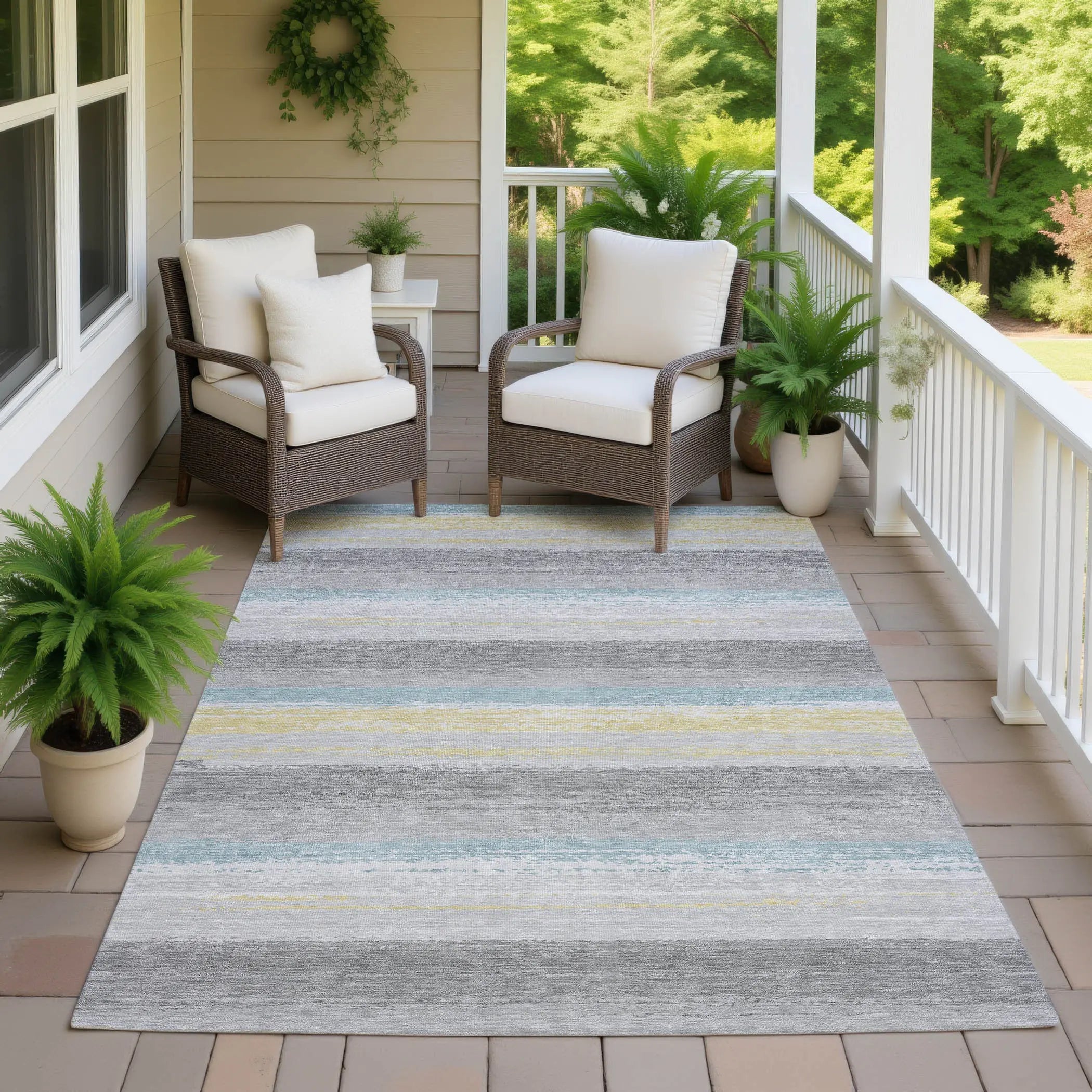 8' X 10' Silver And Taupe Striped Washable Indoor Outdoor Area Rug Homeroots Outdoor