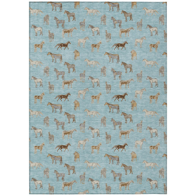 8' X 10' Sky Blue And Beige Horse Washable Indoor Outdoor Area Rug Homeroots Outdoor
