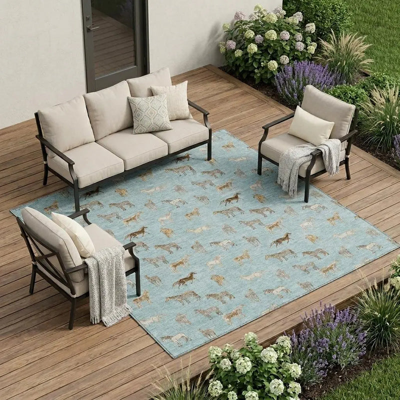 8' X 10' Sky Blue And Beige Horse Washable Indoor Outdoor Area Rug Homeroots Outdoor