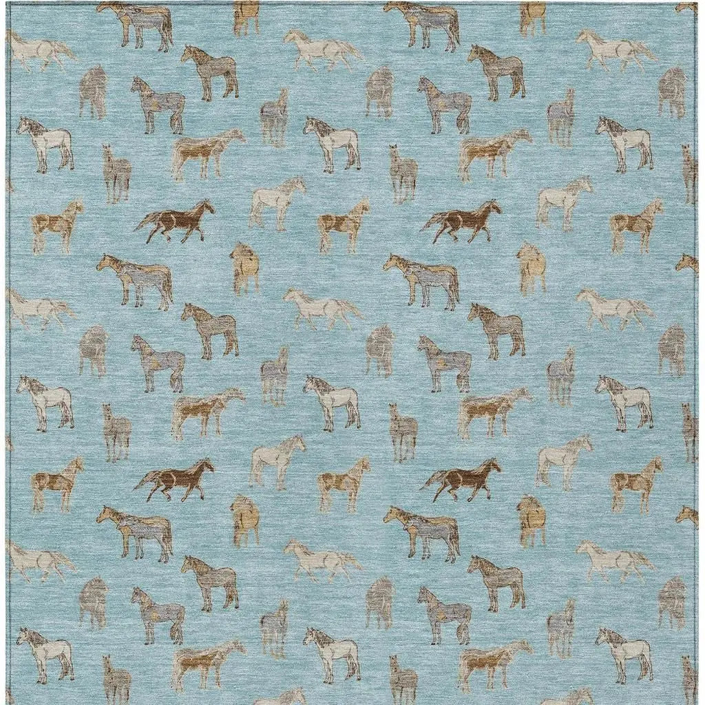 8' X 10' Sky Blue And Beige Horse Washable Indoor Outdoor Area Rug Homeroots Outdoor