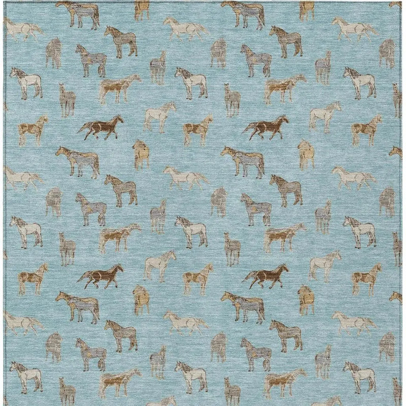 8' X 10' Sky Blue And Beige Horse Washable Indoor Outdoor Area Rug Homeroots Outdoor