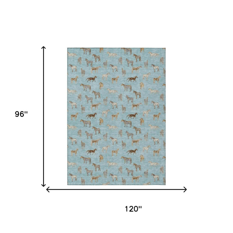 8' X 10' Sky Blue And Beige Horse Washable Indoor Outdoor Area Rug Homeroots Outdoor