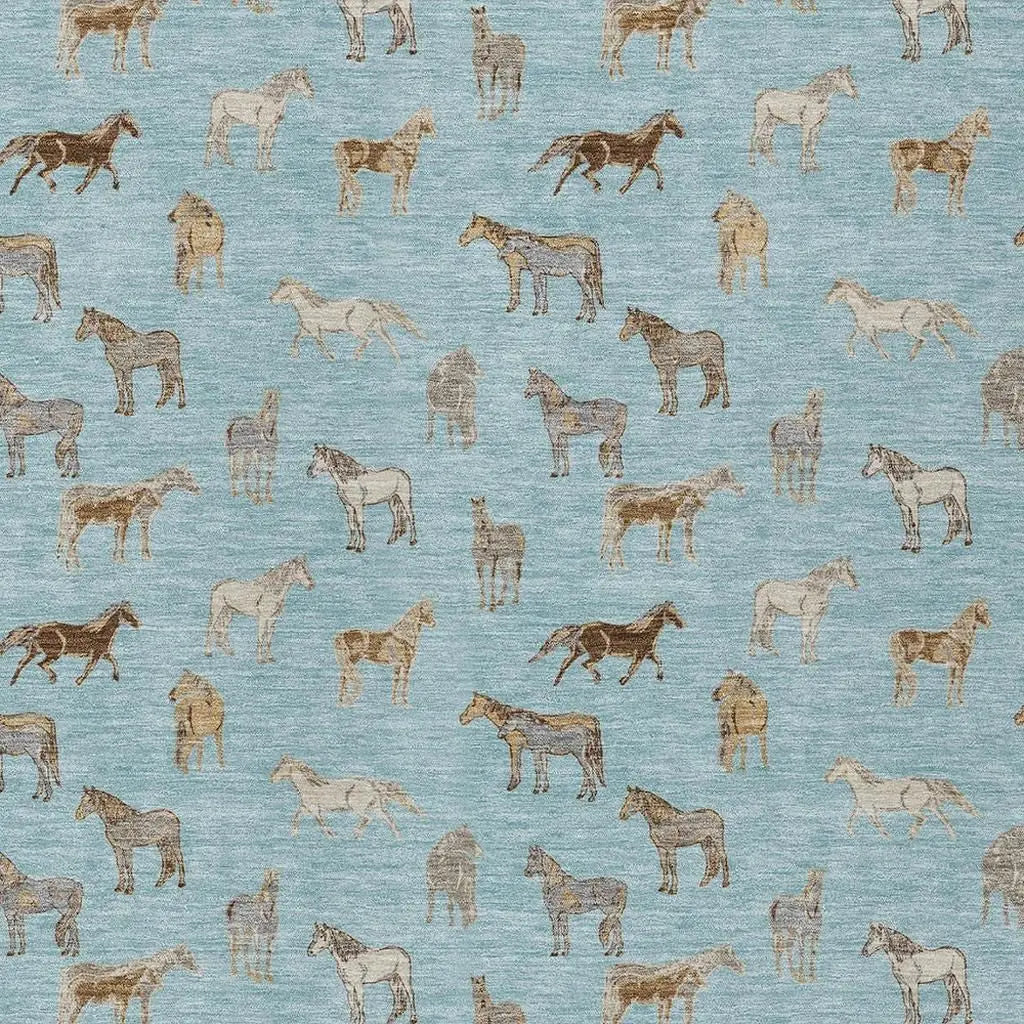 8' X 10' Sky Blue And Beige Horse Washable Indoor Outdoor Area Rug Homeroots Outdoor