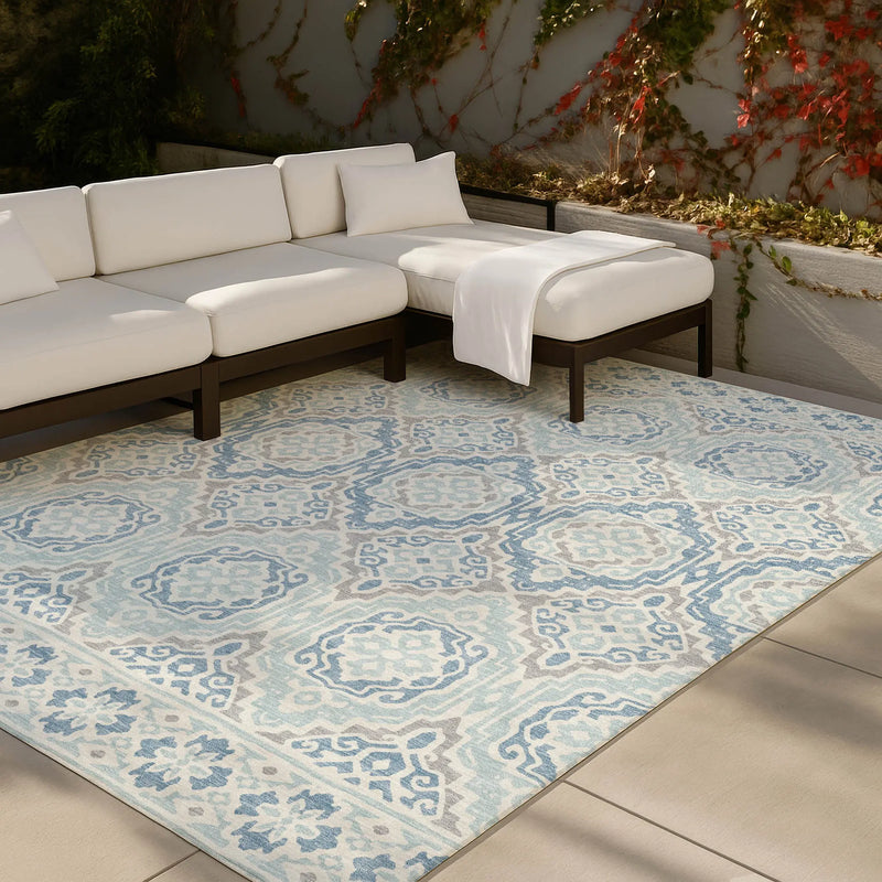 8' X 10' Sky Blue And Beige Tribal Washable Indoor Outdoor Area Rug Homeroots Outdoor