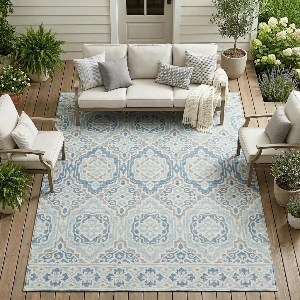 8' X 10' Sky Blue And Beige Tribal Washable Indoor Outdoor Area Rug Homeroots Outdoor