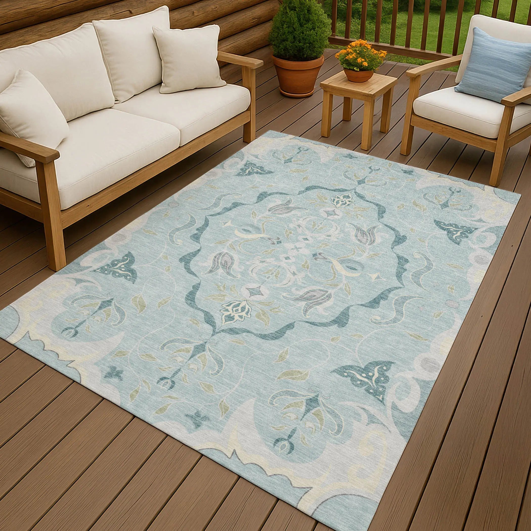8' X 10' Sky Blue And Blue Damask Washable Indoor Outdoor Area Rug Homeroots Outdoor