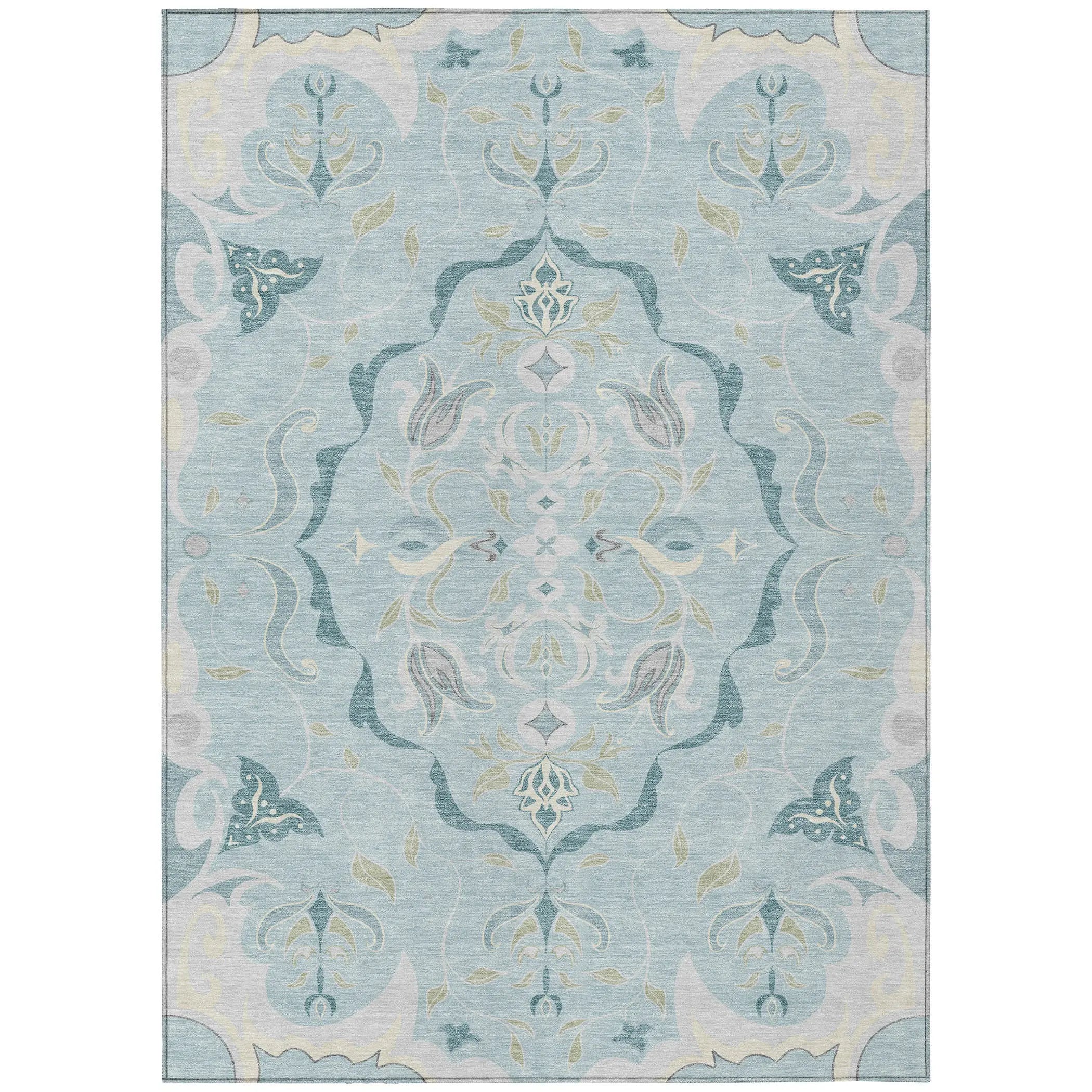 8' X 10' Sky Blue And Blue Damask Washable Indoor Outdoor Area Rug Homeroots Outdoor