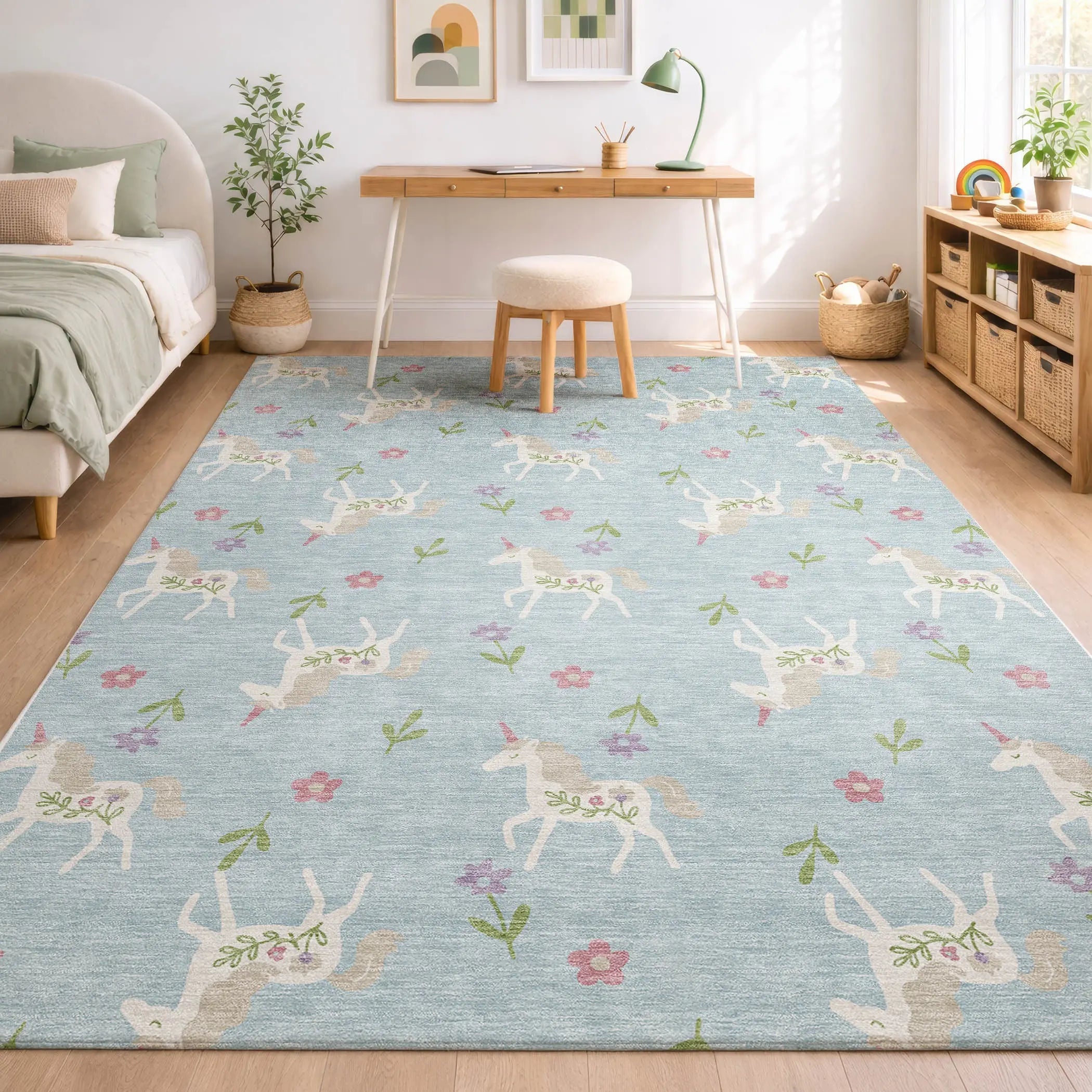 8' X 10' Sky Blue And Blue Floral Washable Indoor Outdoor Area Rug Homeroots Outdoor