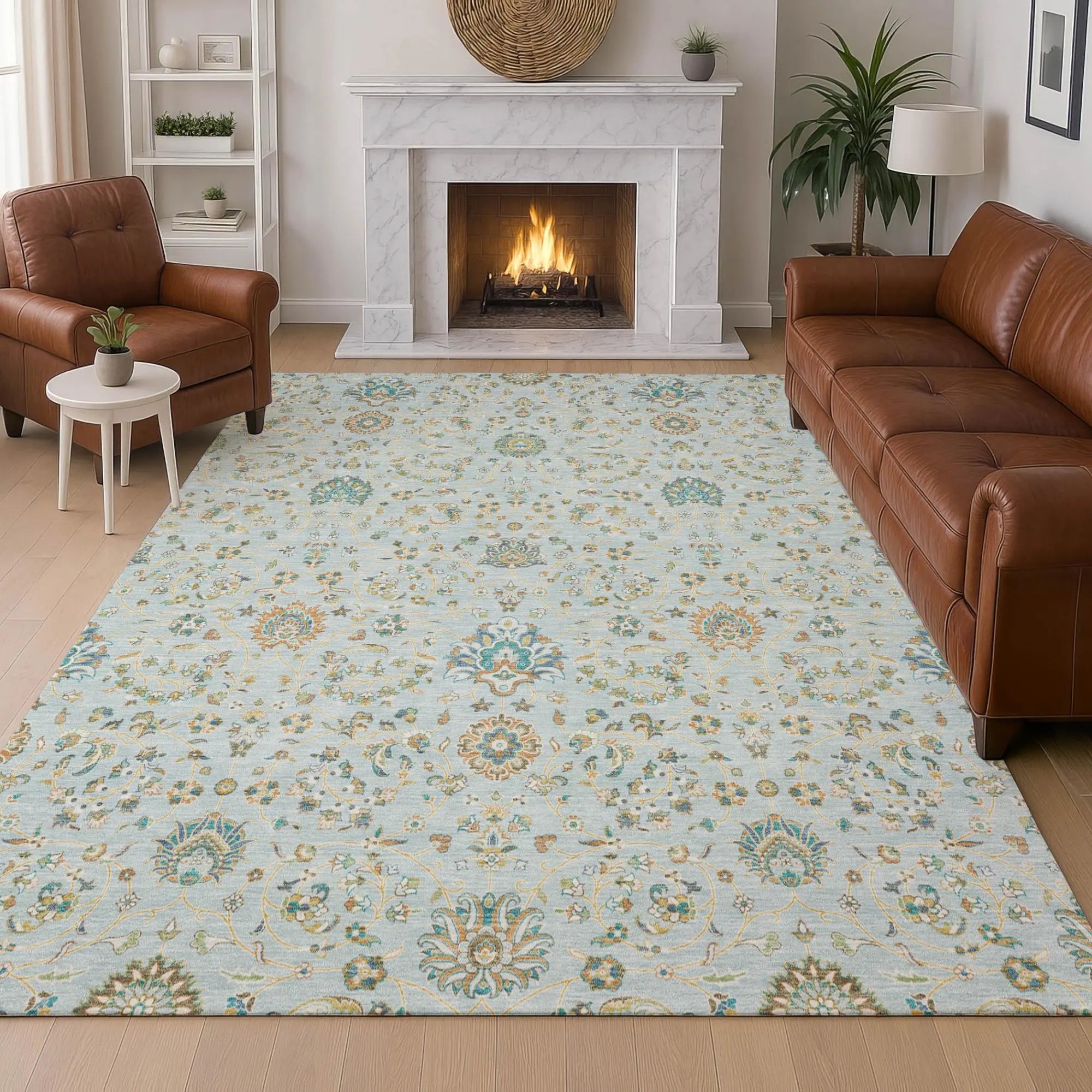 8' X 10' Sky Blue And Blue Floral Washable Indoor Outdoor Area Rug Homeroots Outdoor