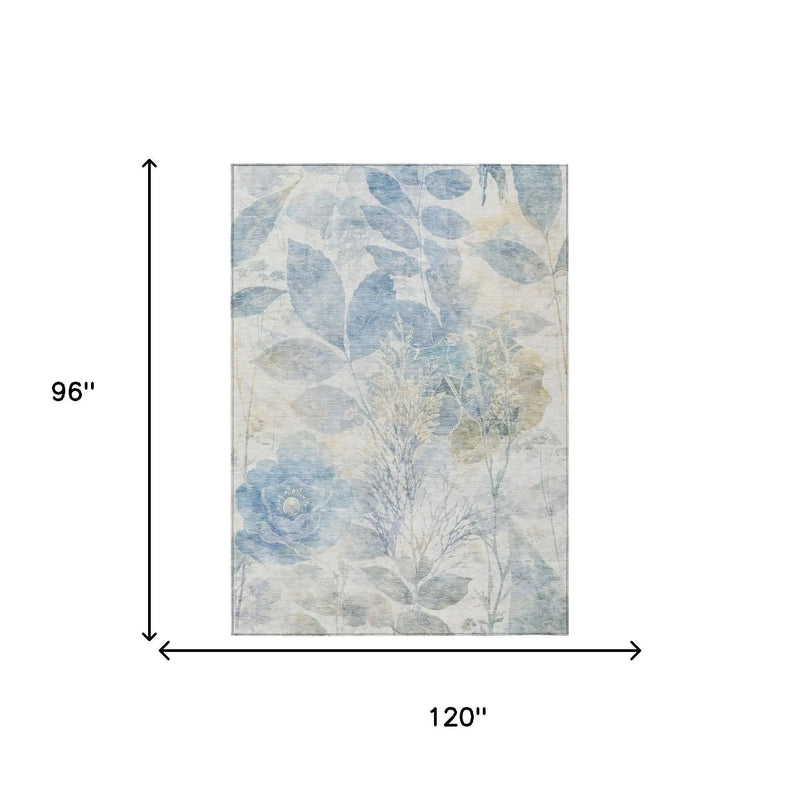8' X 10' Sky Blue And Blue Floral Washable Indoor Outdoor Area Rug Homeroots Outdoor