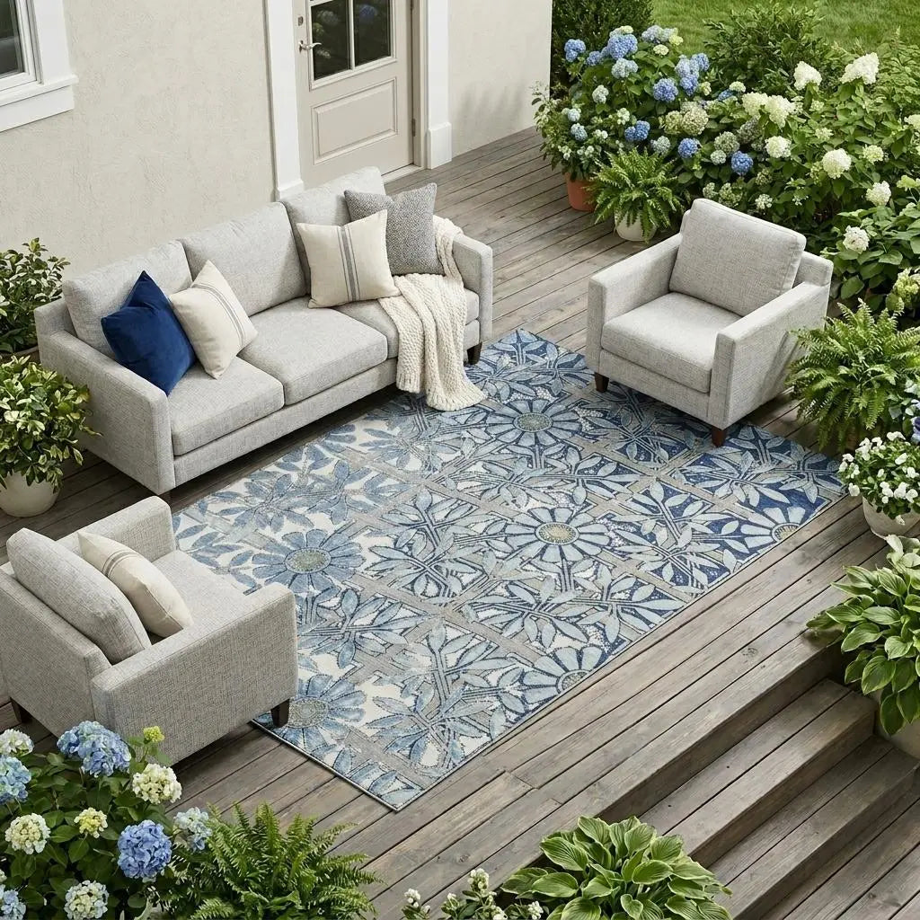 8' X 10' Sky Blue And Blue Floral Washable Indoor Outdoor Area Rug Homeroots Outdoor