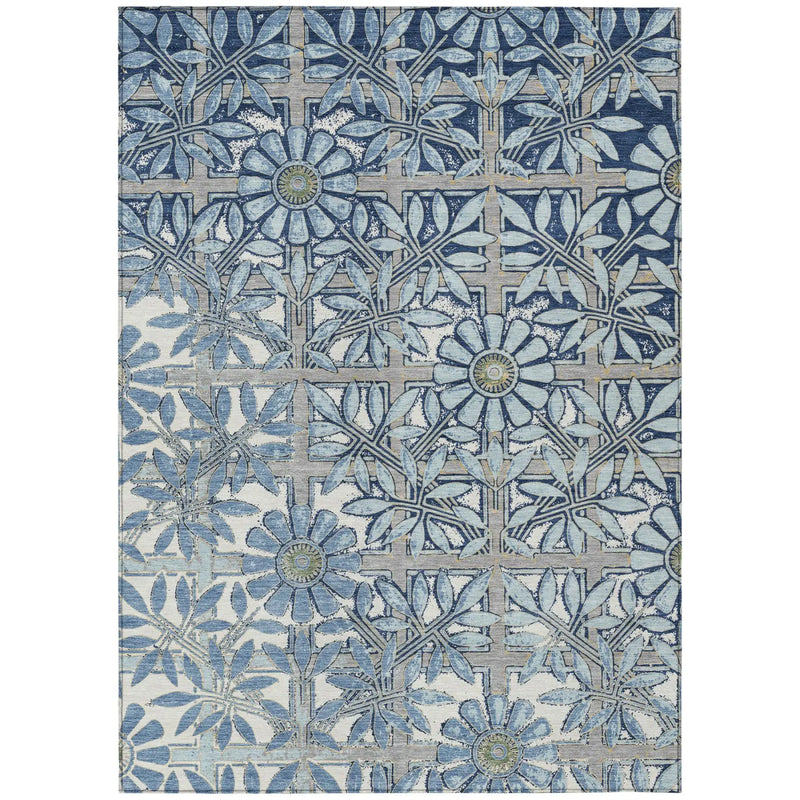 8' X 10' Sky Blue And Blue Floral Washable Indoor Outdoor Area Rug Homeroots Outdoor