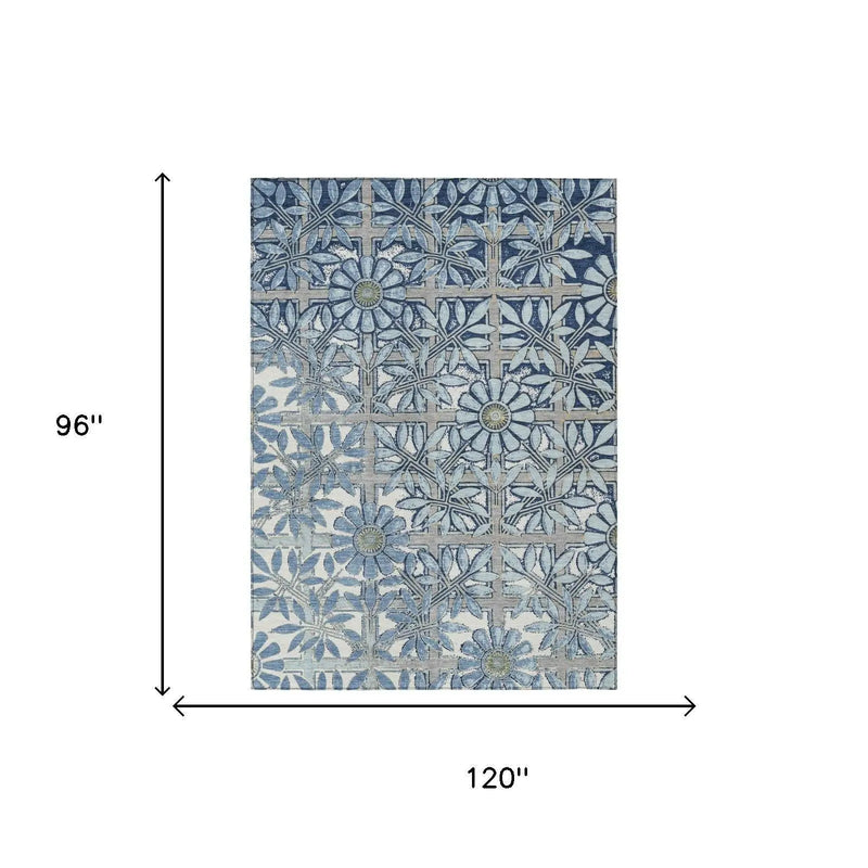 8' X 10' Sky Blue And Blue Floral Washable Indoor Outdoor Area Rug Homeroots Outdoor