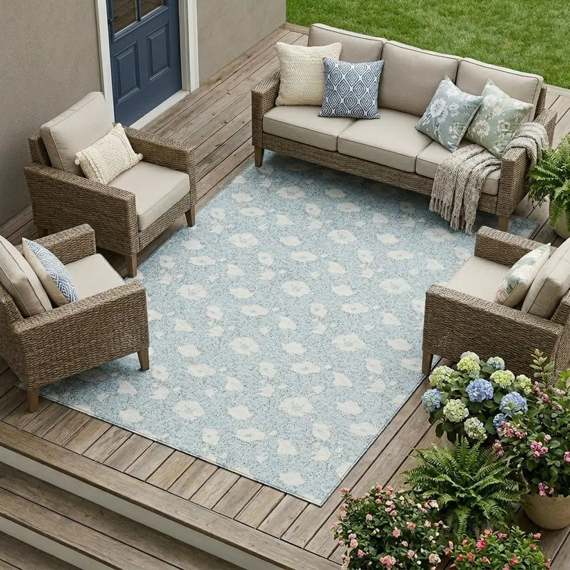 8' X 10' Sky Blue And Blue Floral Washable Indoor Outdoor Area Rug Homeroots Outdoor