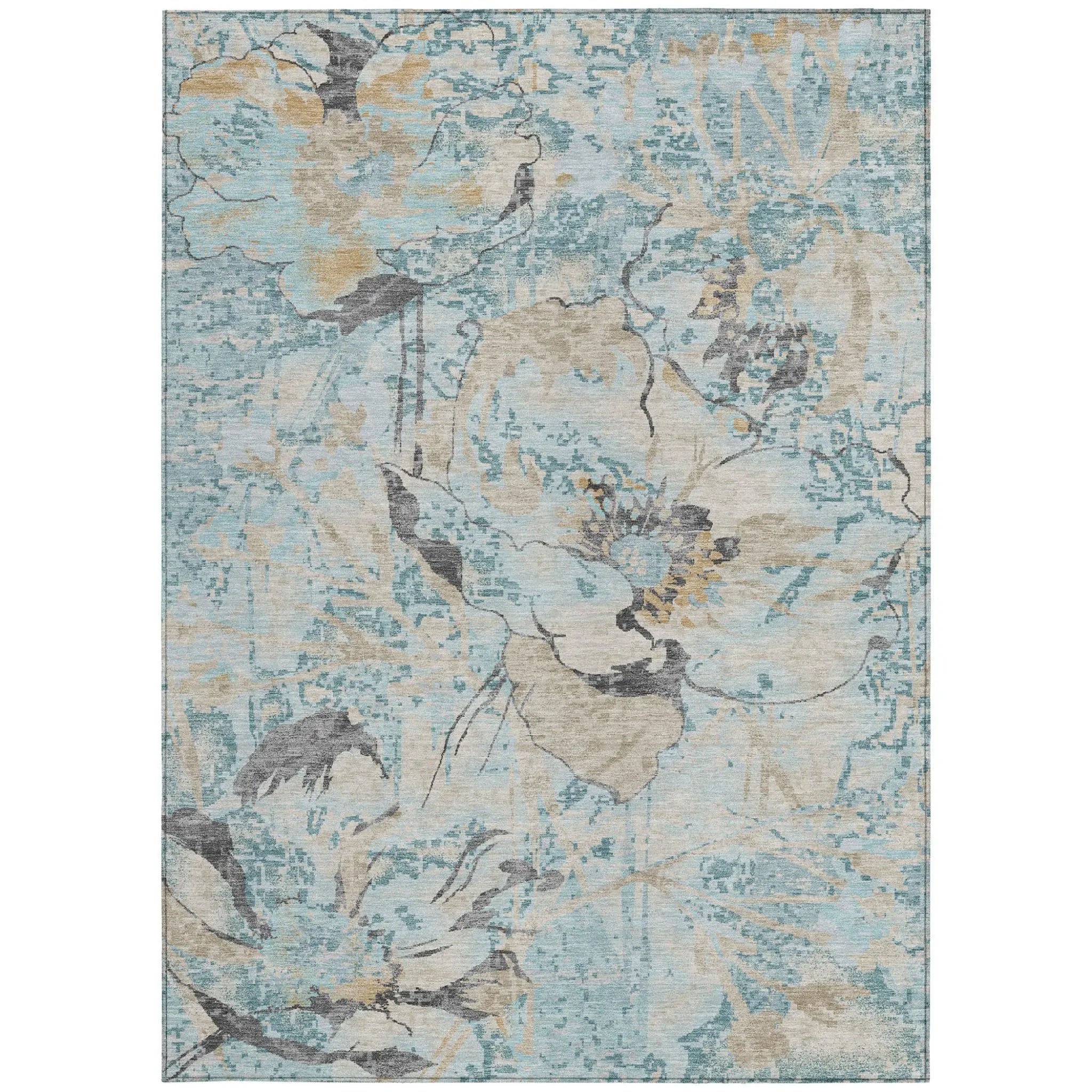 8' X 10' Sky Blue And Blue Floral Washable Indoor Outdoor Area Rug Homeroots Outdoor