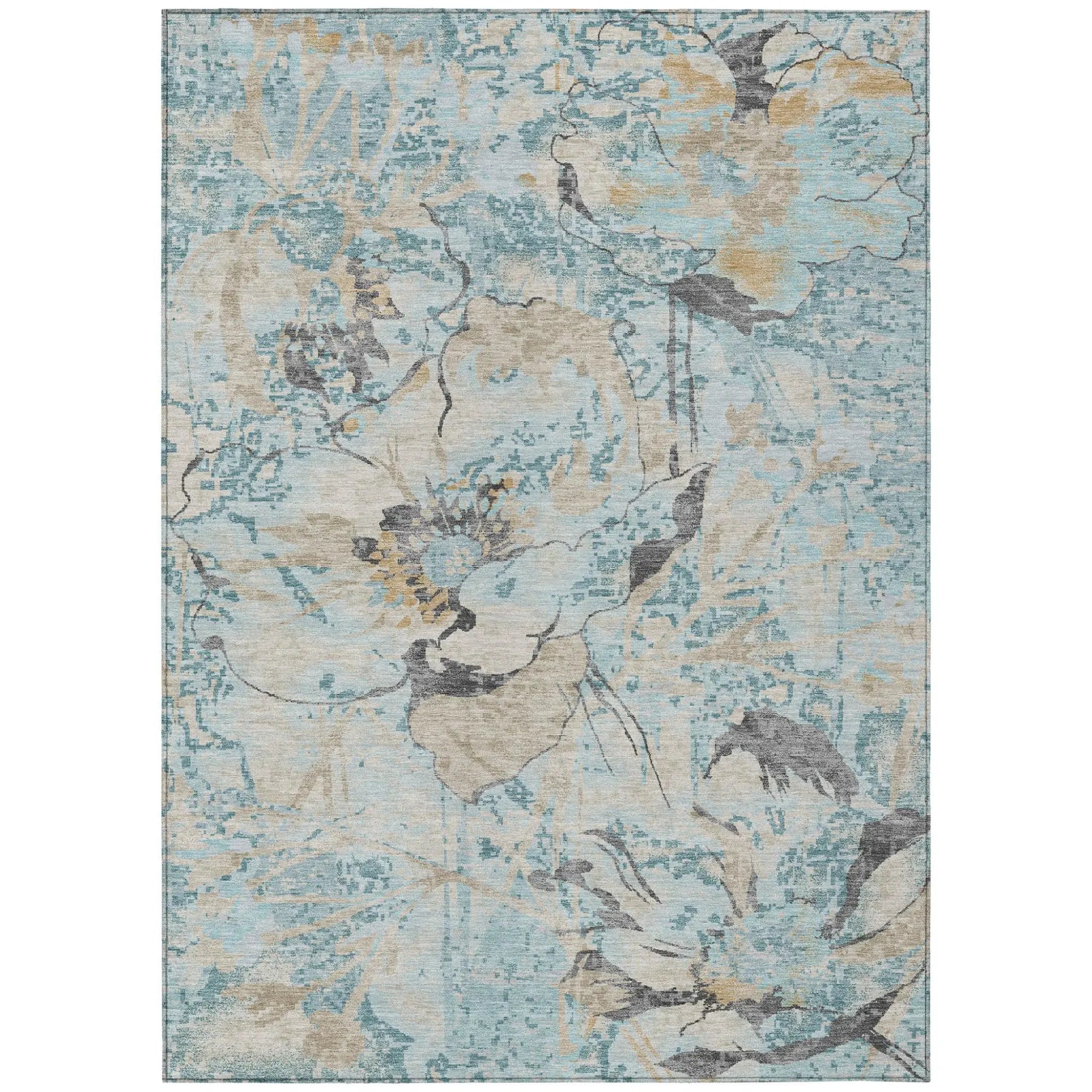 8' X 10' Sky Blue And Blue Floral Washable Indoor Outdoor Area Rug Homeroots Outdoor
