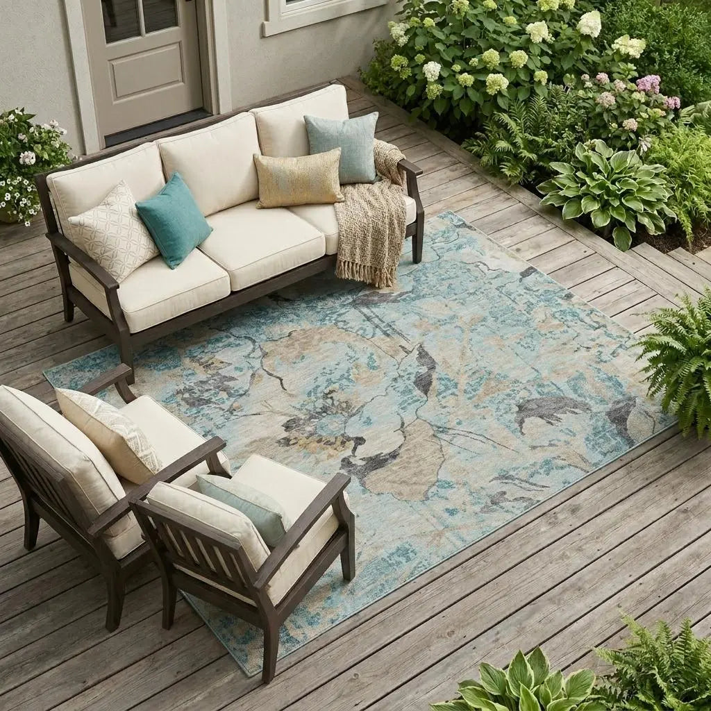 8' X 10' Sky Blue And Blue Floral Washable Indoor Outdoor Area Rug Homeroots Outdoor