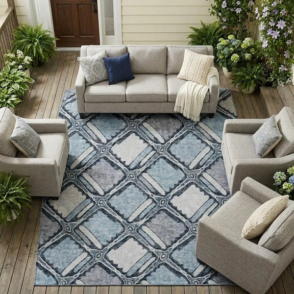 8' X 10' Sky Blue And Blue Geometric Washable Indoor Outdoor Area Rug Homeroots Outdoor
