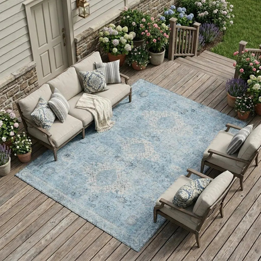 8' X 10' Sky Blue And Blue Oriental Washable Indoor Outdoor Area Rug Homeroots Outdoor