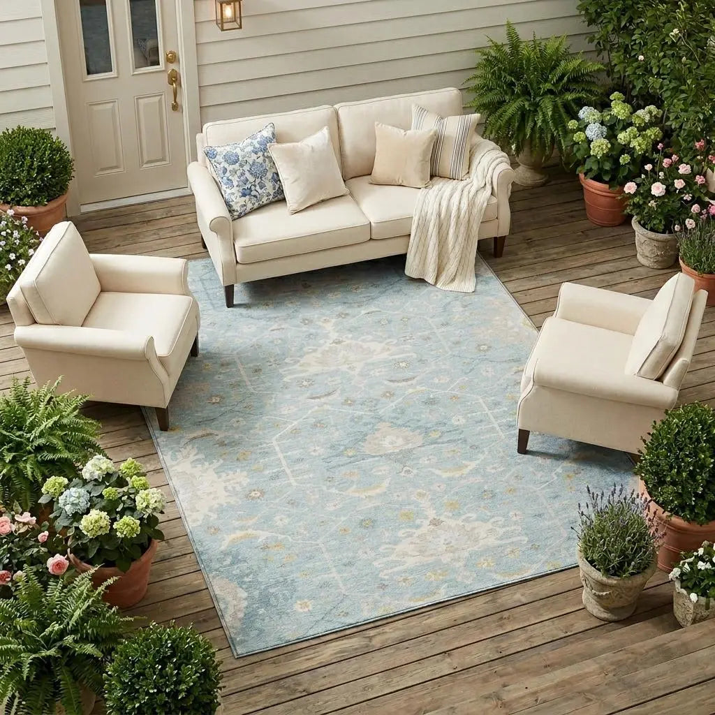 8' X 10' Sky Blue And Blue Oriental Washable Indoor Outdoor Area Rug Homeroots Outdoor