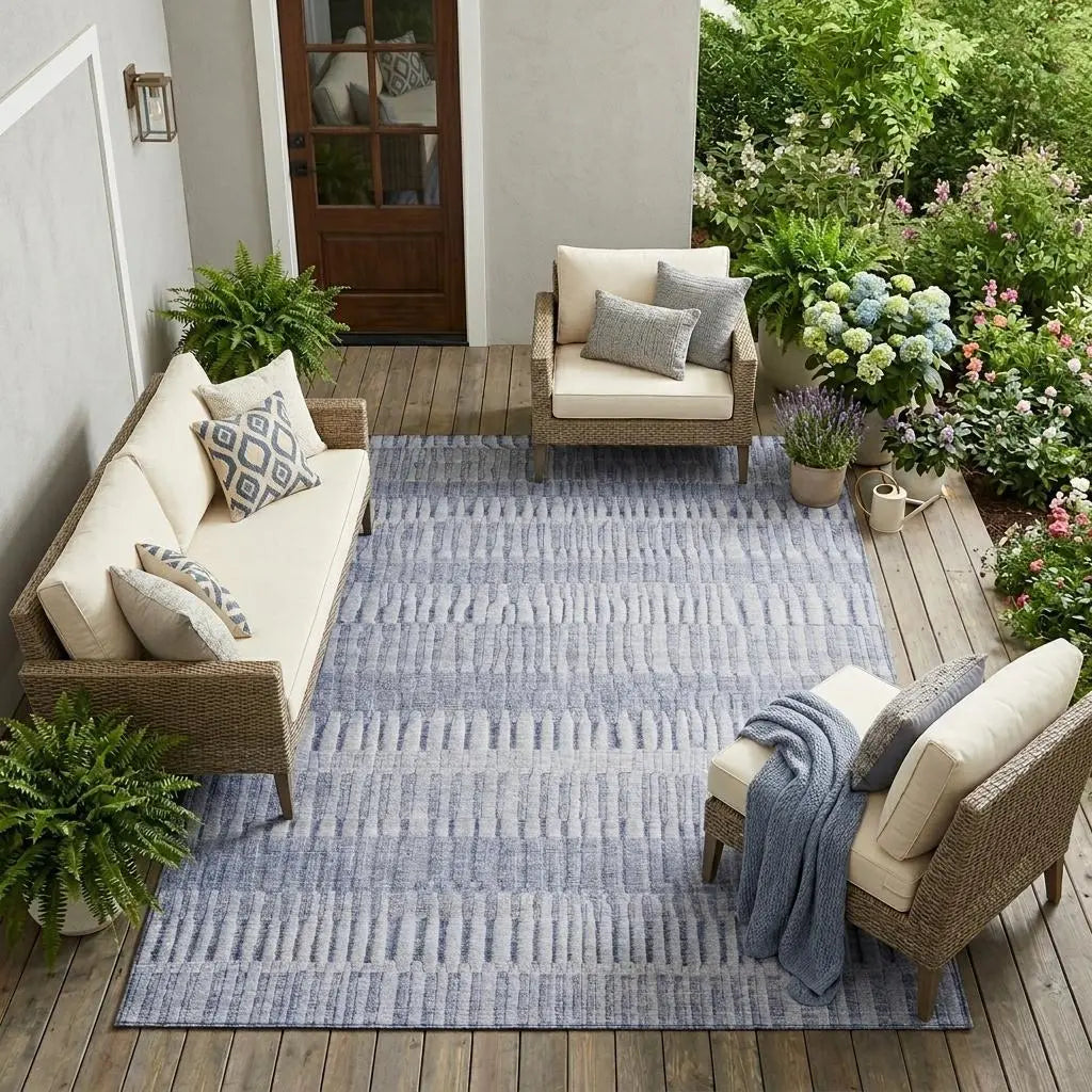 8' X 10' Sky Blue And Blue Striped Washable Indoor Outdoor Area Rug Homeroots Outdoor