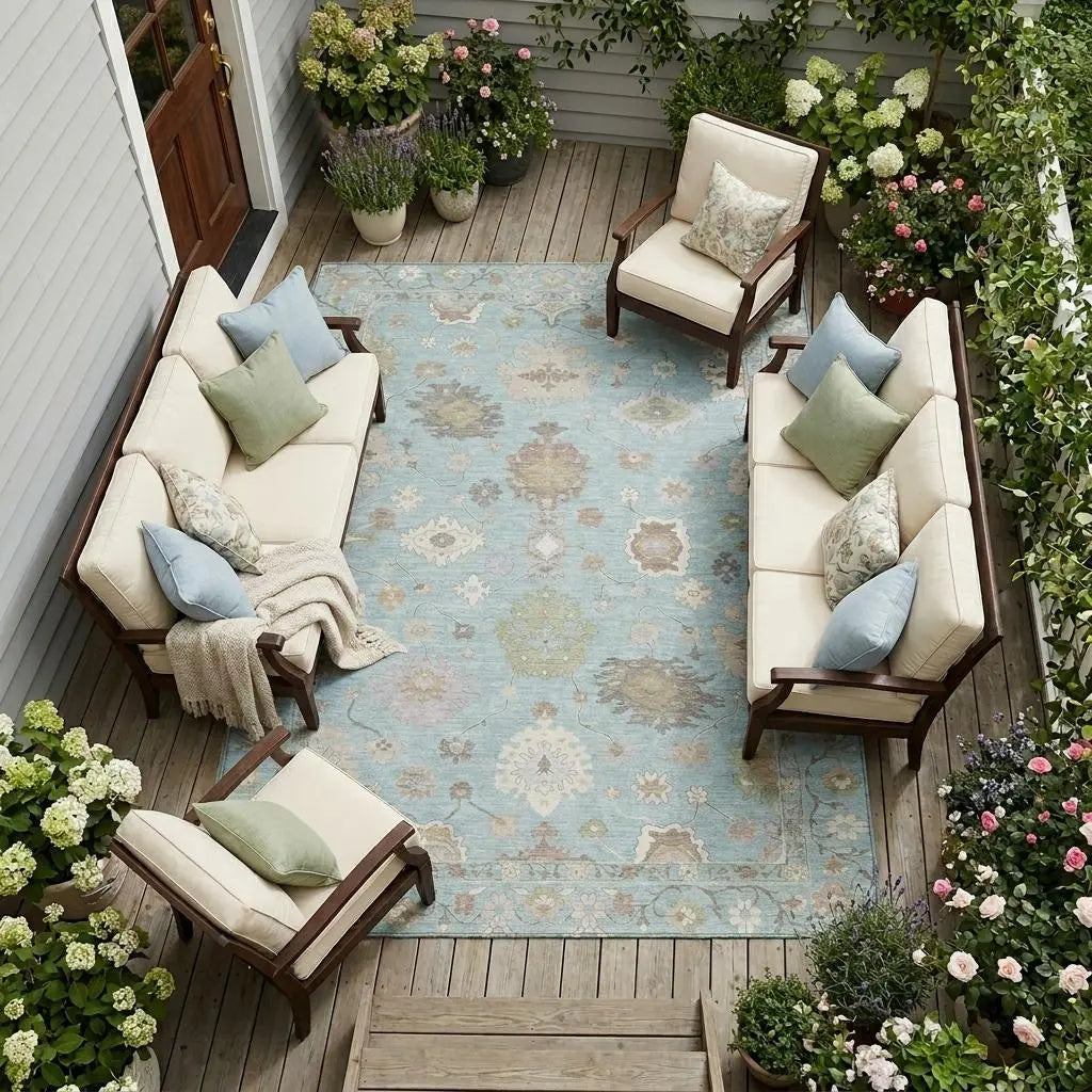 8' X 10' Sky Blue And Copper Oriental Washable Indoor Outdoor Area Rug Homeroots Outdoor