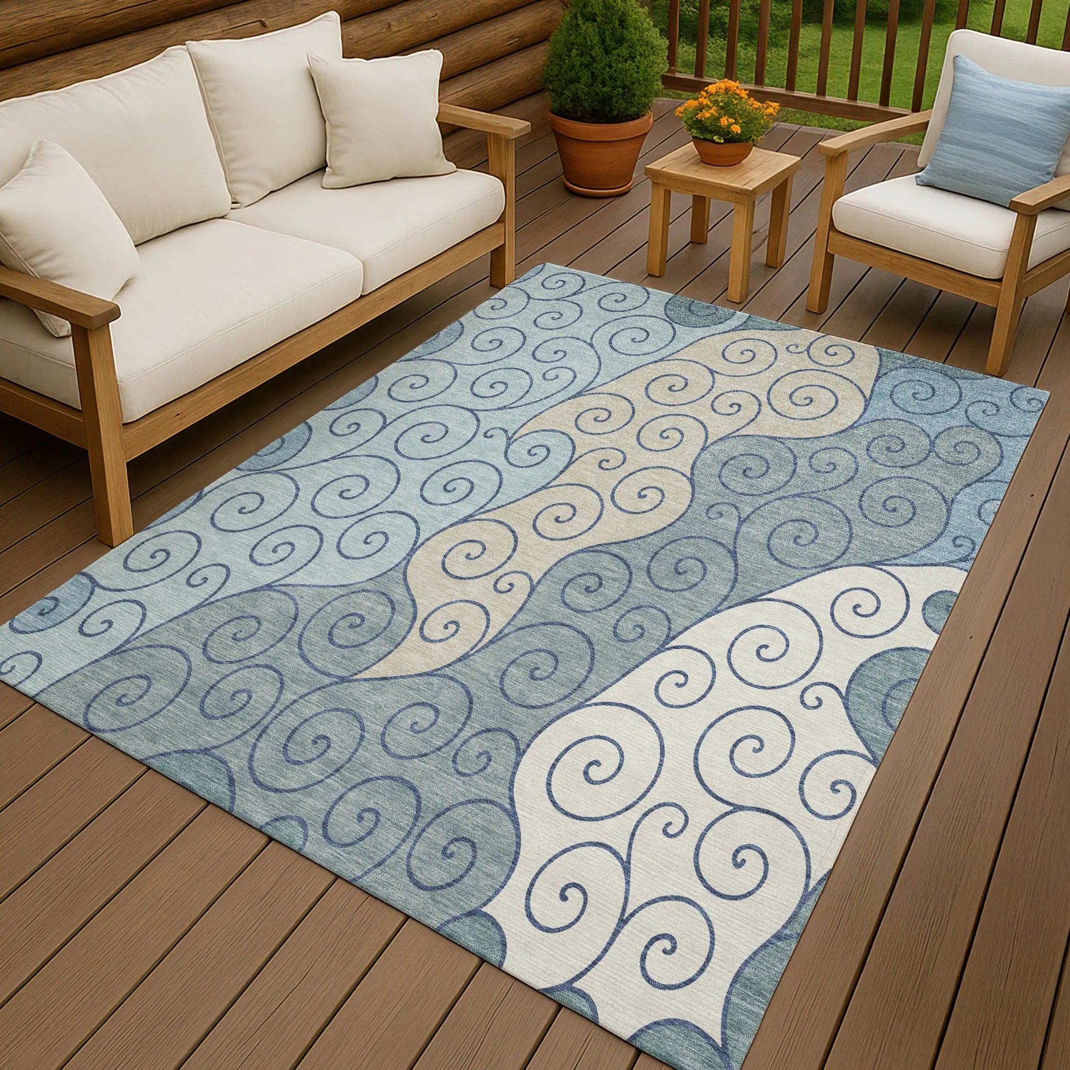 8' X 10' Sky Blue And Denim Blue Abstract Washable Indoor Outdoor Area Rug Homeroots Outdoor