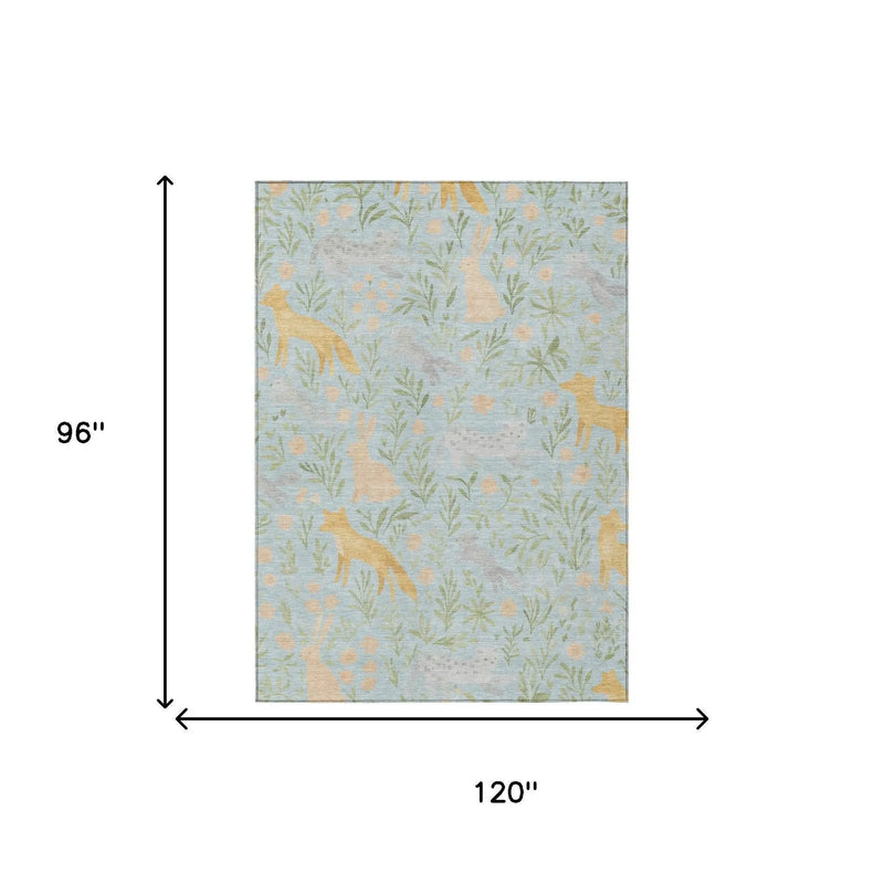 8' X 10' Sky Blue And Green Botanical Leaves Washable Indoor Outdoor Area Rug Homeroots Outdoor