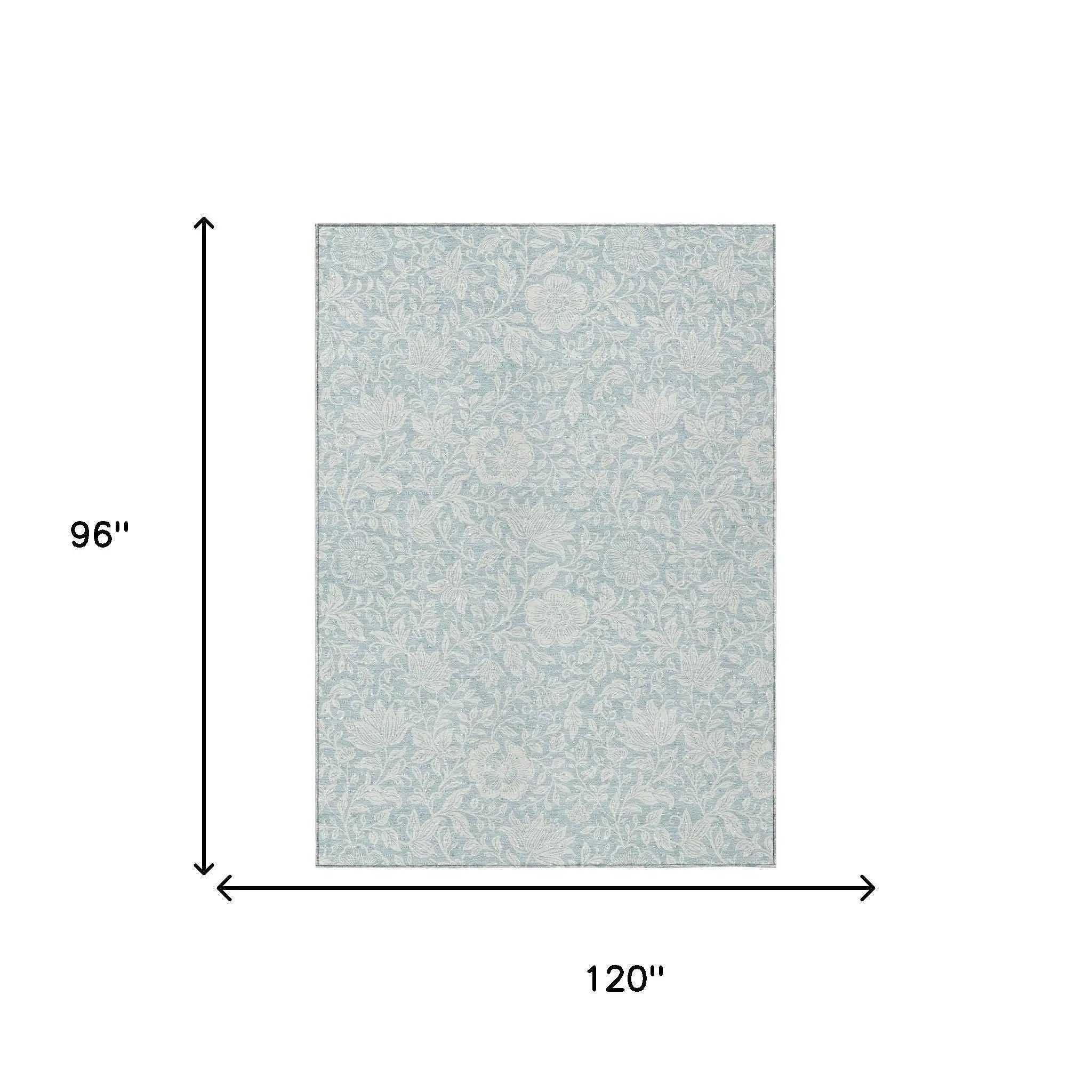 8' X 10' Sky Blue And Ivory Floral Washable Indoor Outdoor Area Rug Homeroots Outdoor