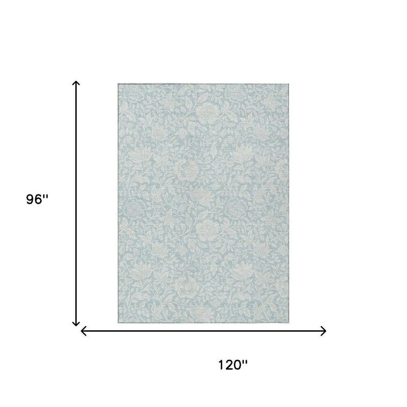 8' X 10' Sky Blue And Ivory Floral Washable Indoor Outdoor Area Rug Homeroots Outdoor