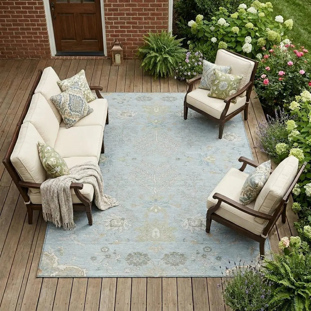 8' X 10' Sky Blue And Ivory Oriental Washable Indoor Outdoor Area Rug Homeroots Outdoor