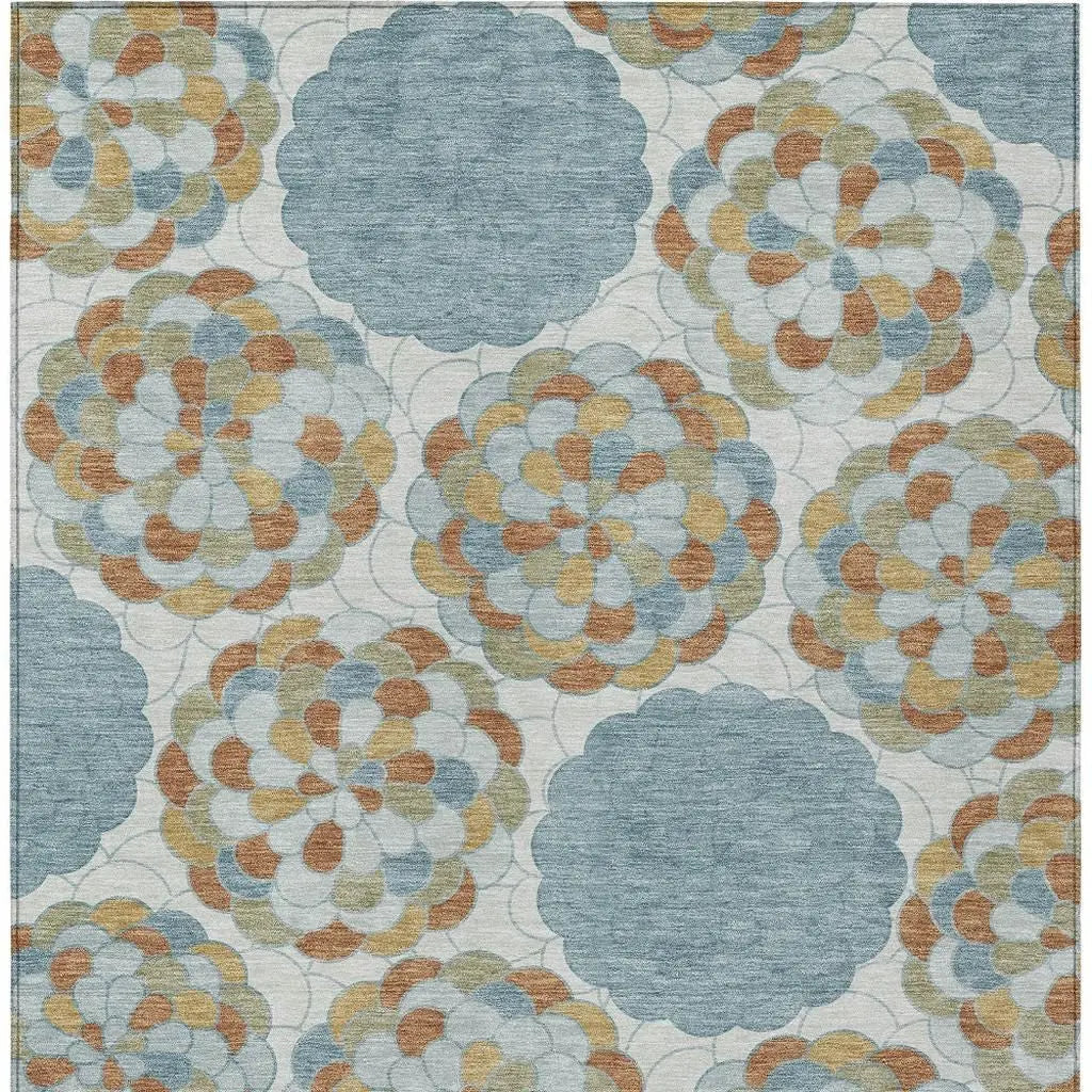 8' X 10' Sky Blue And Orange Floral Washable Indoor Outdoor Area Rug Homeroots Outdoor