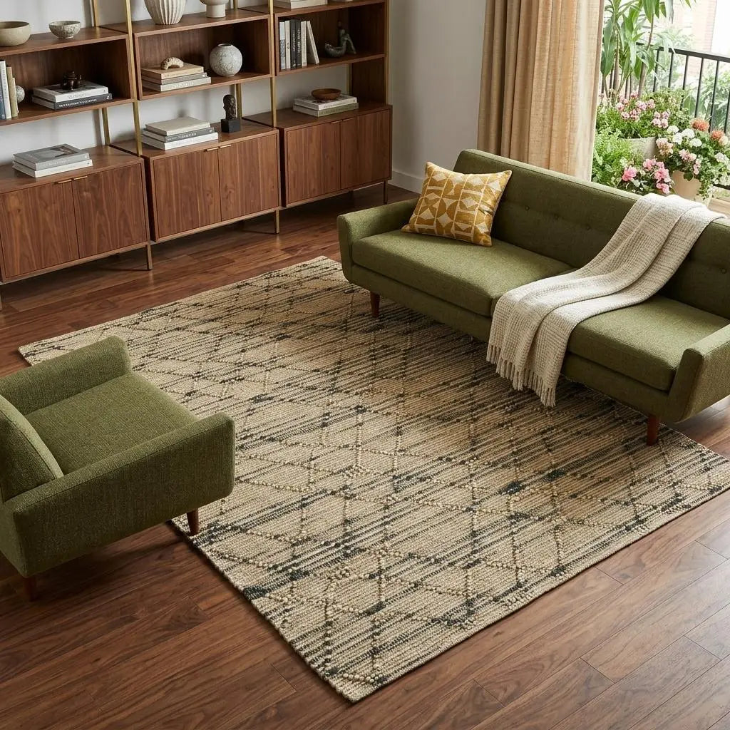 8' X 10' Tan And Blue Jute Argyle Hand Knotted Area Rug Homeroots Home Decor