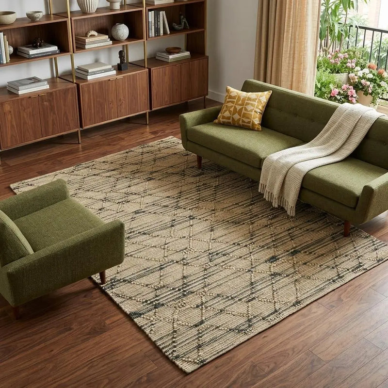 8' X 10' Tan And Blue Jute Argyle Hand Knotted Area Rug Homeroots Home Decor