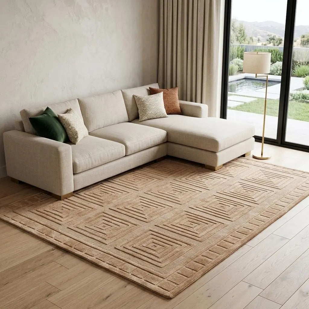 8' X 10' Tan And Gold Wool Geometric Hand Knotted Area Rug Homeroots Home Decor