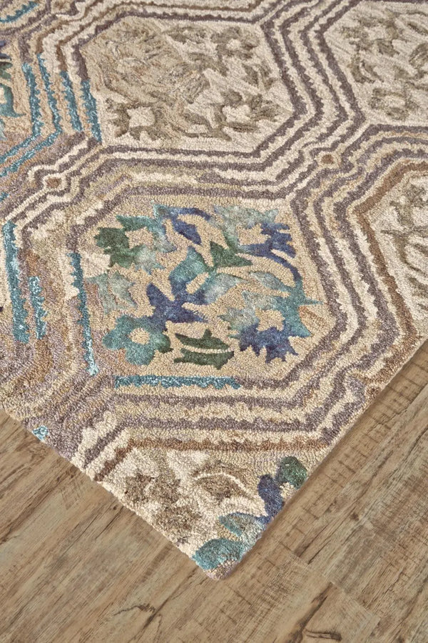 8' X 10' Tan Blue And Green Ikat Hand Tufted Area Rug Homeroots Home Decor