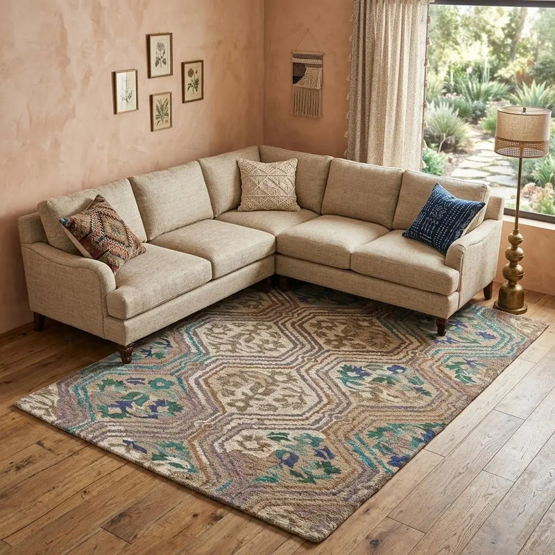 8' X 10' Tan Blue And Green Ikat Hand Tufted Area Rug Homeroots Home Decor